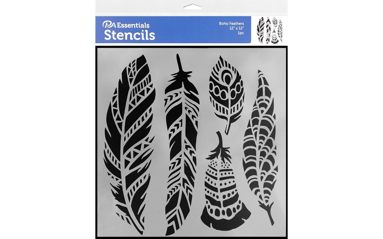 PA Essentials Stencil Boho Feathers for Painting on Wood, Canvas, Paper, Fabric, Wall and Tile, Reusable DIY Art and Craft Stencils for Painting, 12"x12" Inches